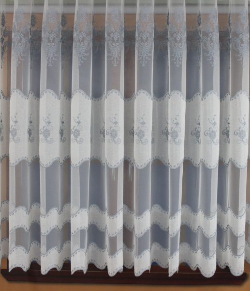 Luxusná záclona - vlny , vrchná časť vyšívaná , sivomodrá farba 