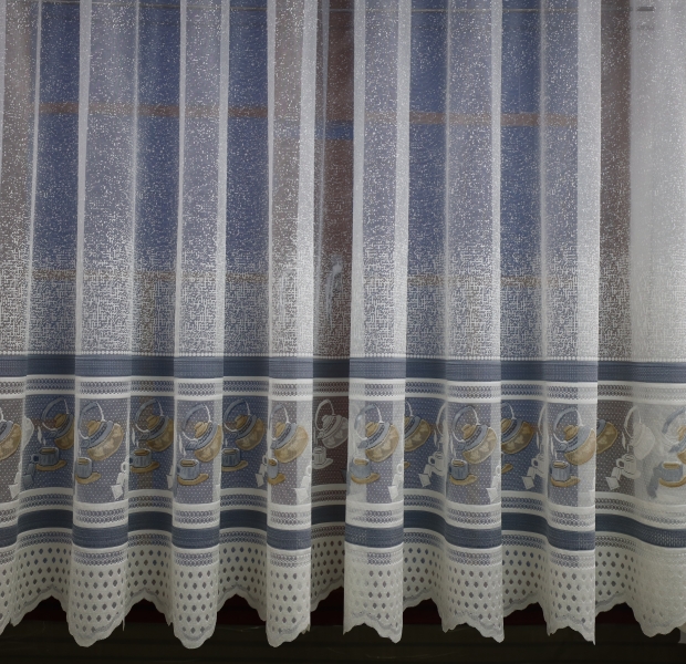 Krémová záclona, kuchynský motív, sivý a hnedý vzor čajníkov - 2.5m zostatok